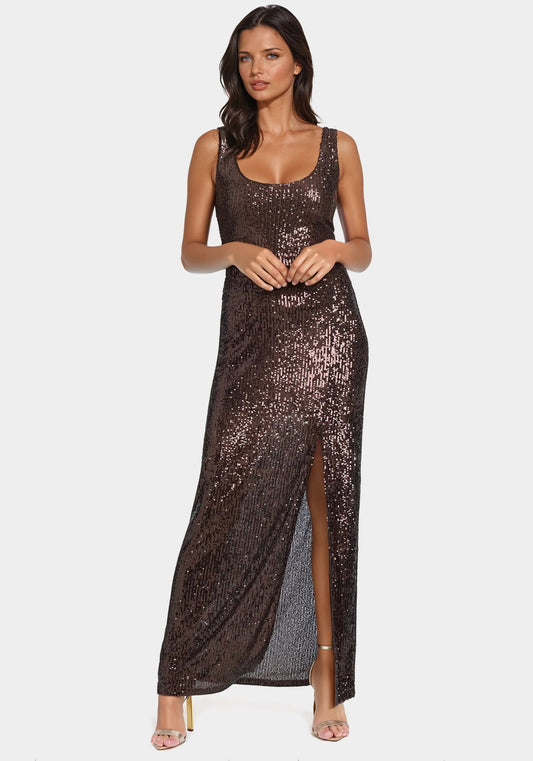 Sequin Tank Gown Brown - bebe