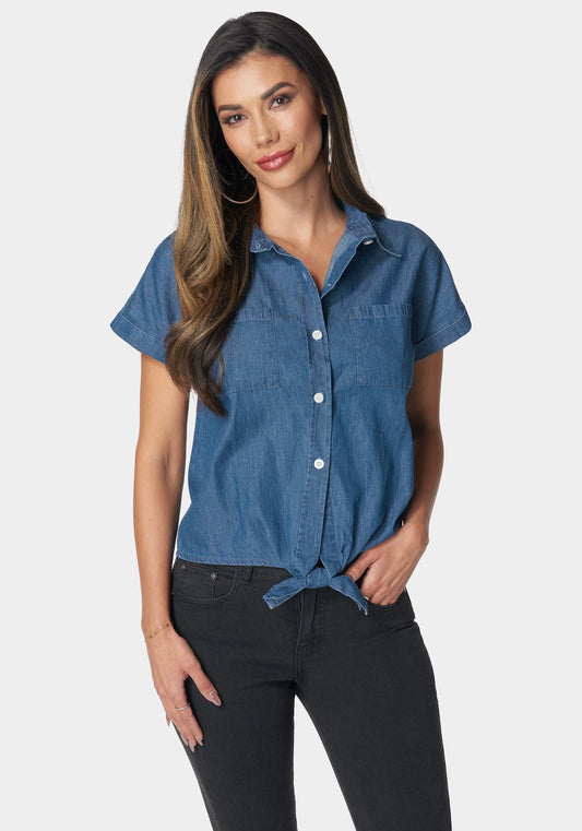 The Tie Front Denim Shirt Medium Wash - bebe