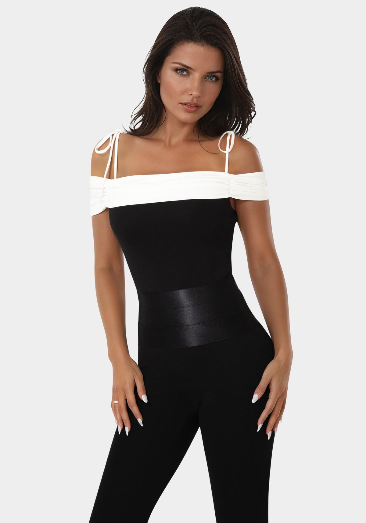 Off Shoulder Bow Tie Top Black - bebe