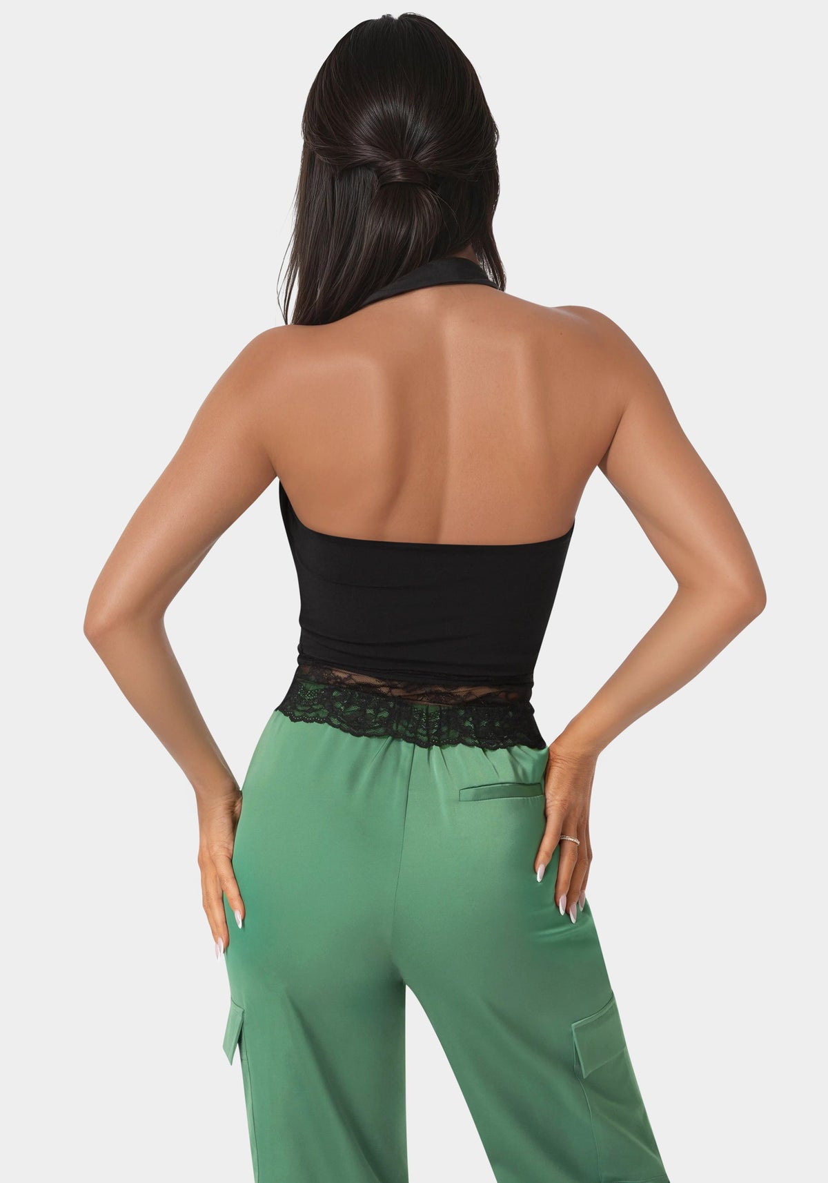 Cowl Neck Lace Layered Halter Top Black - bebe