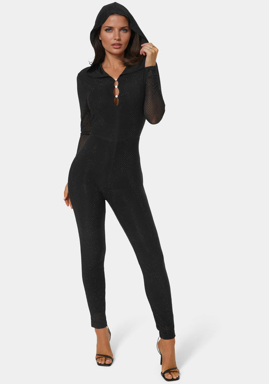 Rhinestone Hooded Catsuit Black - bebe