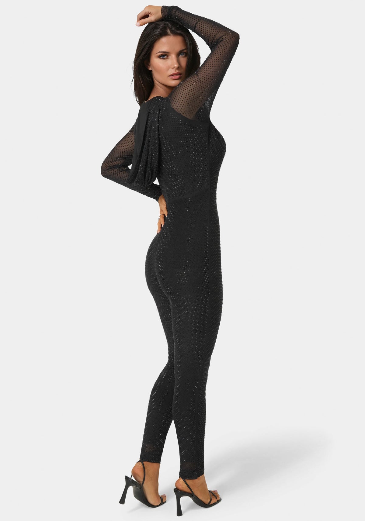 Rhinestone Hooded Catsuit Black - bebe