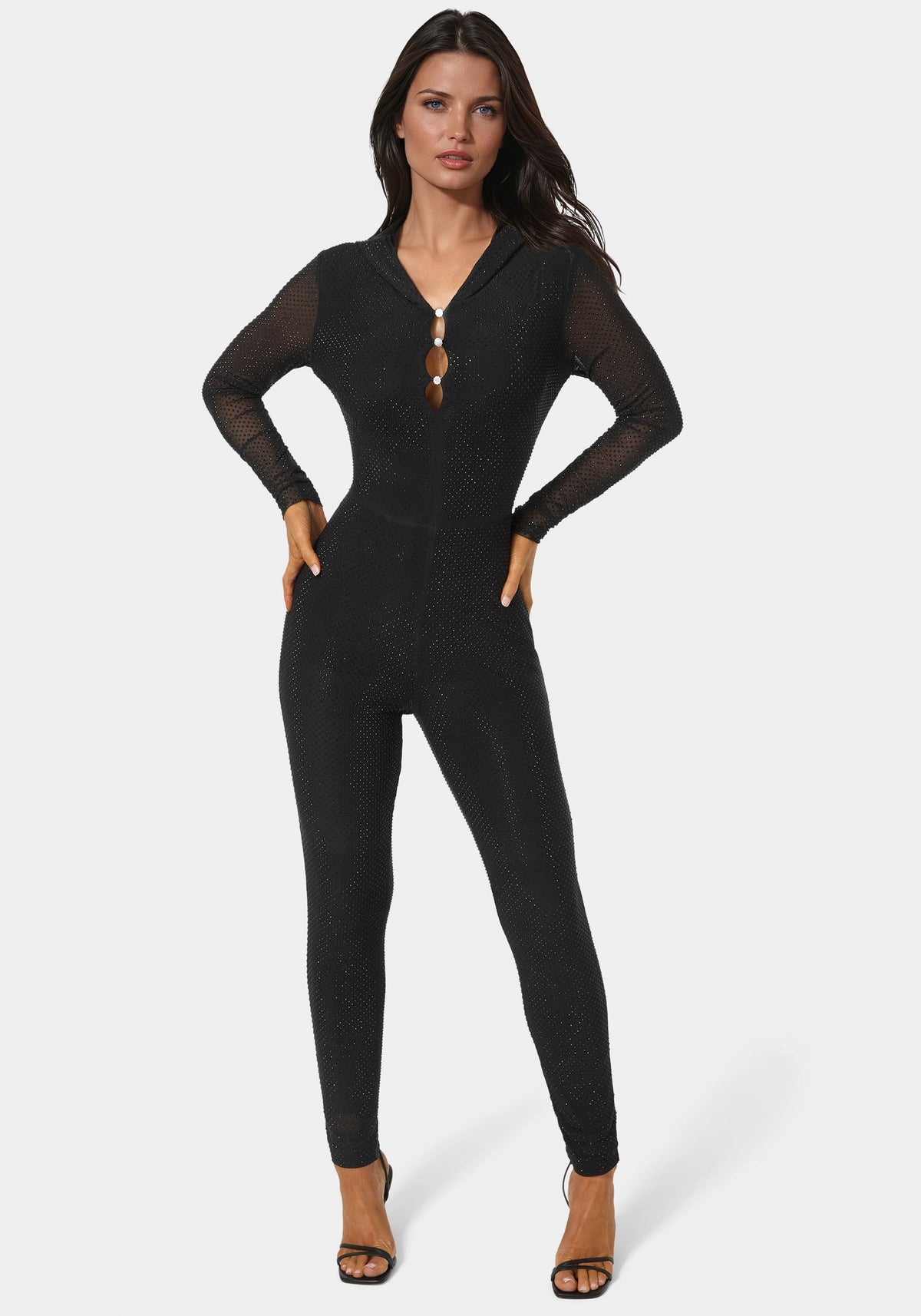 Rhinestone Hooded Catsuit Black - bebe