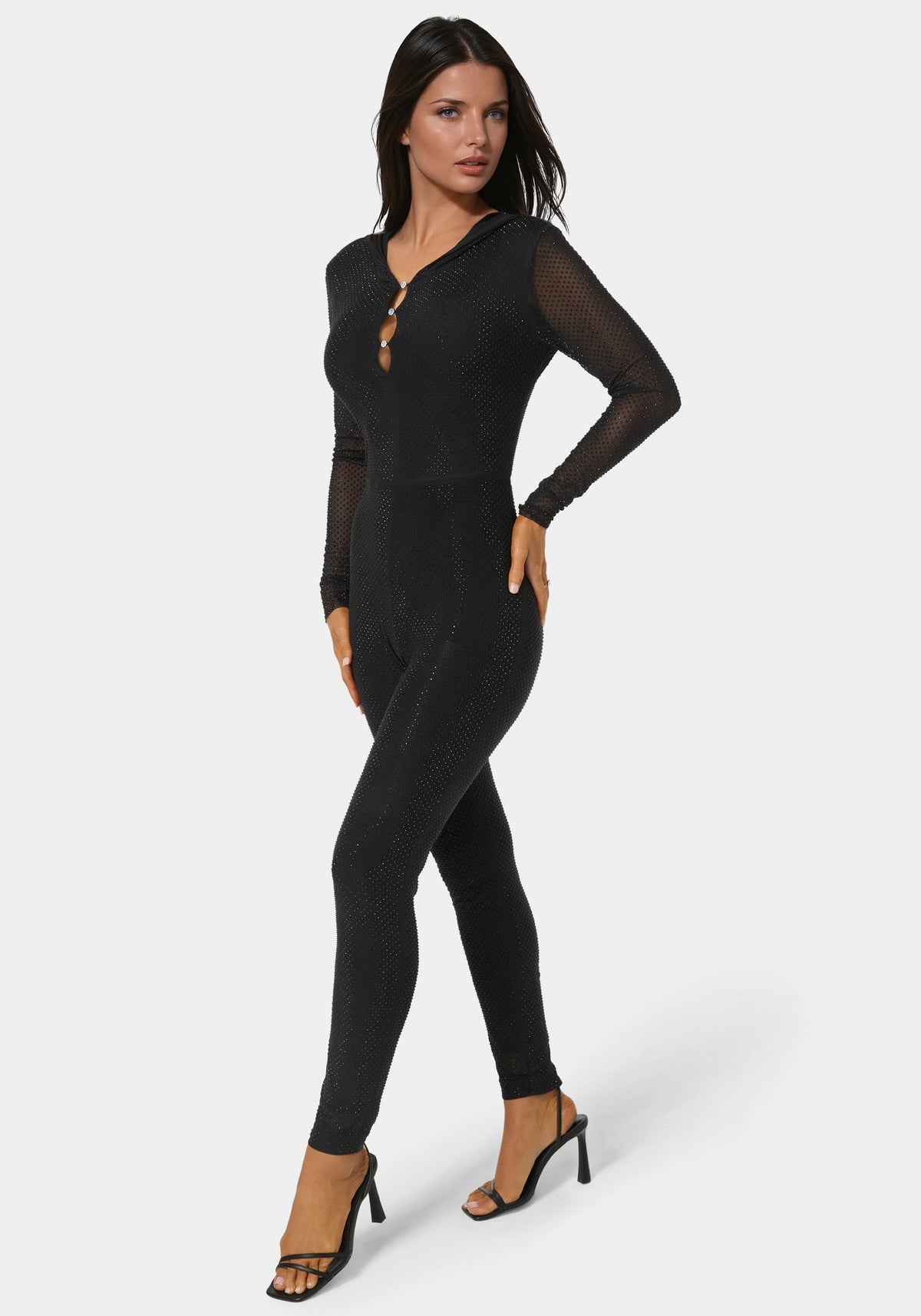 Rhinestone Hooded Catsuit Black - bebe