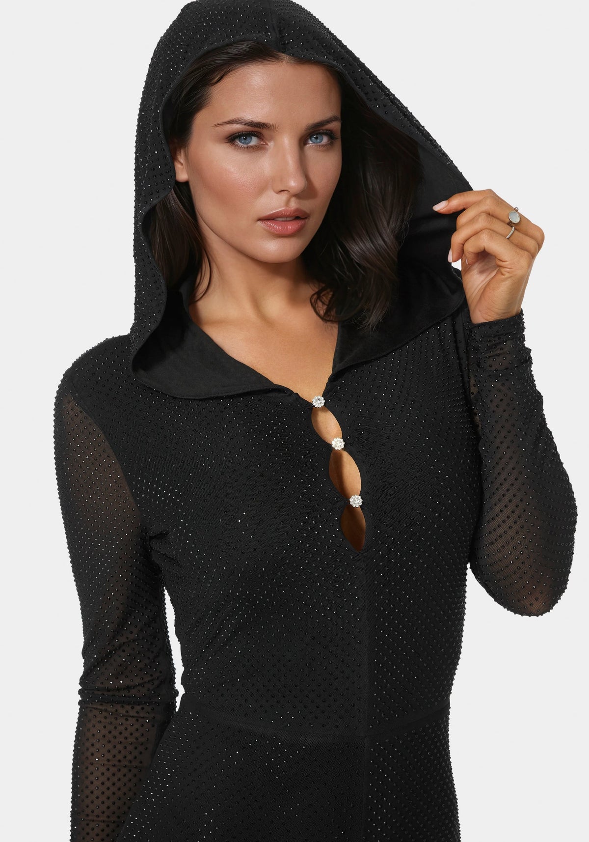 Rhinestone Hooded Catsuit Black - bebe