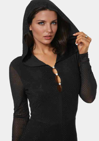 Rhinestone Hooded Catsuit Black - bebe