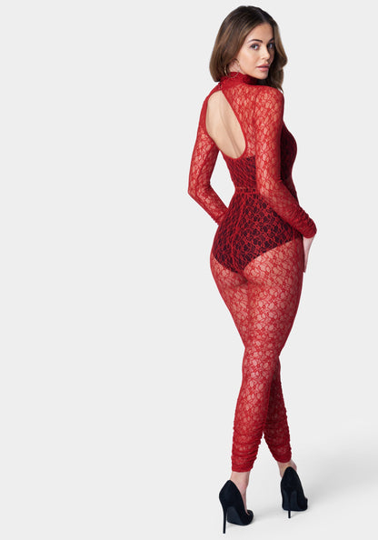 Open Back Turtle Neck Lace Catsuit Salsa - bebe Salsa - bebe