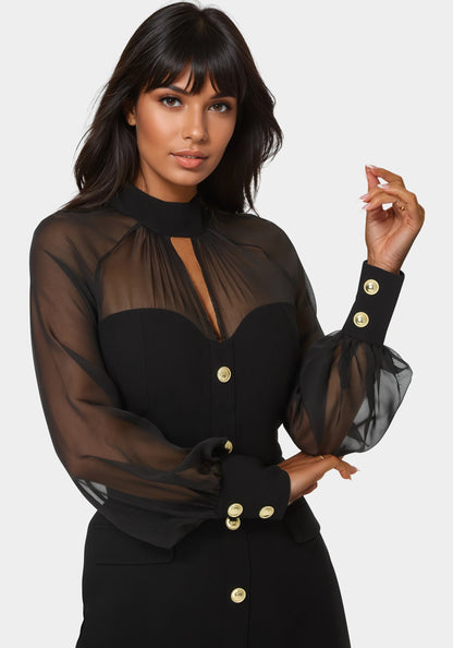 Mixed Media Long Sleeve Romper Black - bebe