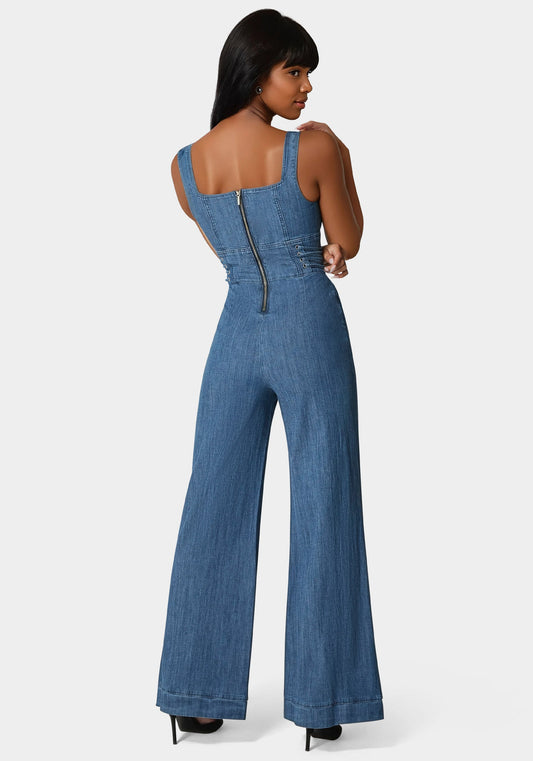 Lace Up Wide Leg Denim Jumpsuit Medium Blue Wash - bebe