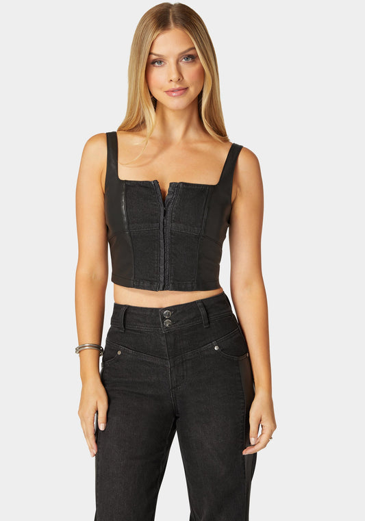 Eyelet Front Combo Vegan Leather Denim Corset Washed Out Black/Black - bebe