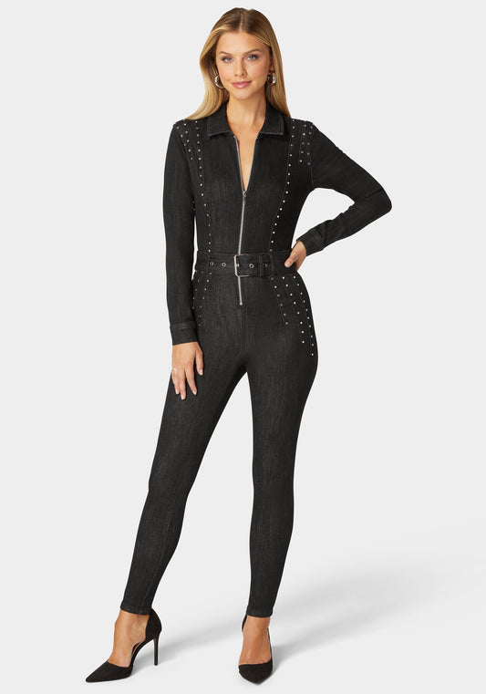 Skinny Studded Zip Up Front Denim Jumpsuit Washed Out Black - bebe
