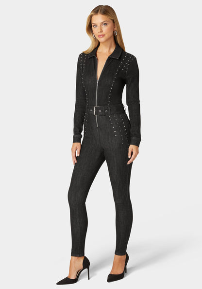 Skinny Studded Zip Up Front Denim Jumpsuit Washed Out Black - bebe
