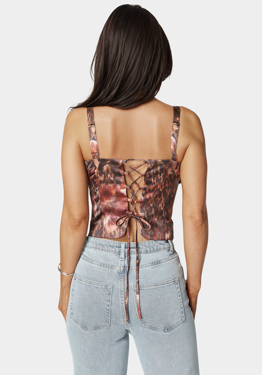 Tie Front Ruched Bust Satin Corset Blooming Cheetah Print - bebe Blooming Cheetah Print - bebe