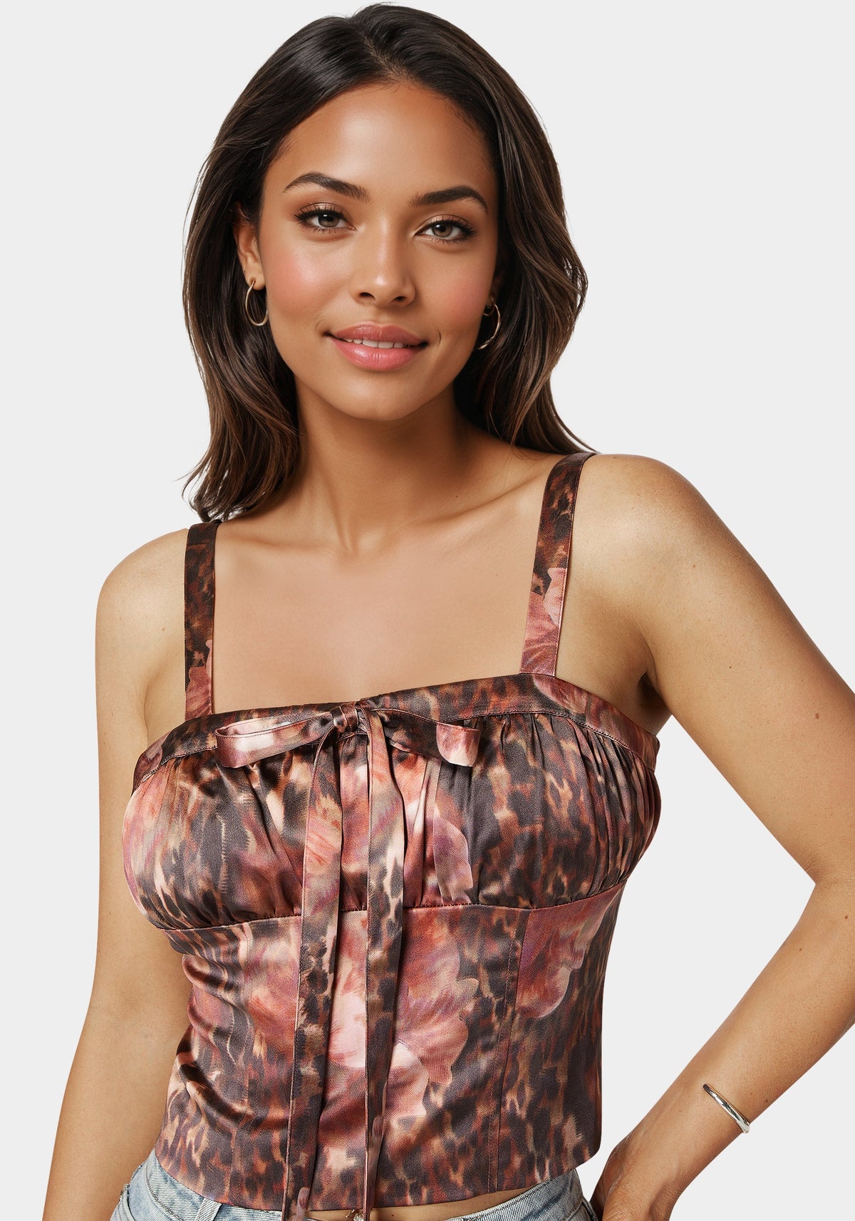Tie Front Ruched Bust Satin Corset Blooming Cheetah Print - bebe Blooming Cheetah Print - bebe
