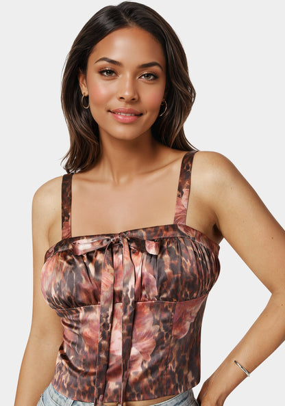 Tie Front Ruched Bust Satin Corset Blooming Cheetah Print - bebe Blooming Cheetah Print - bebe