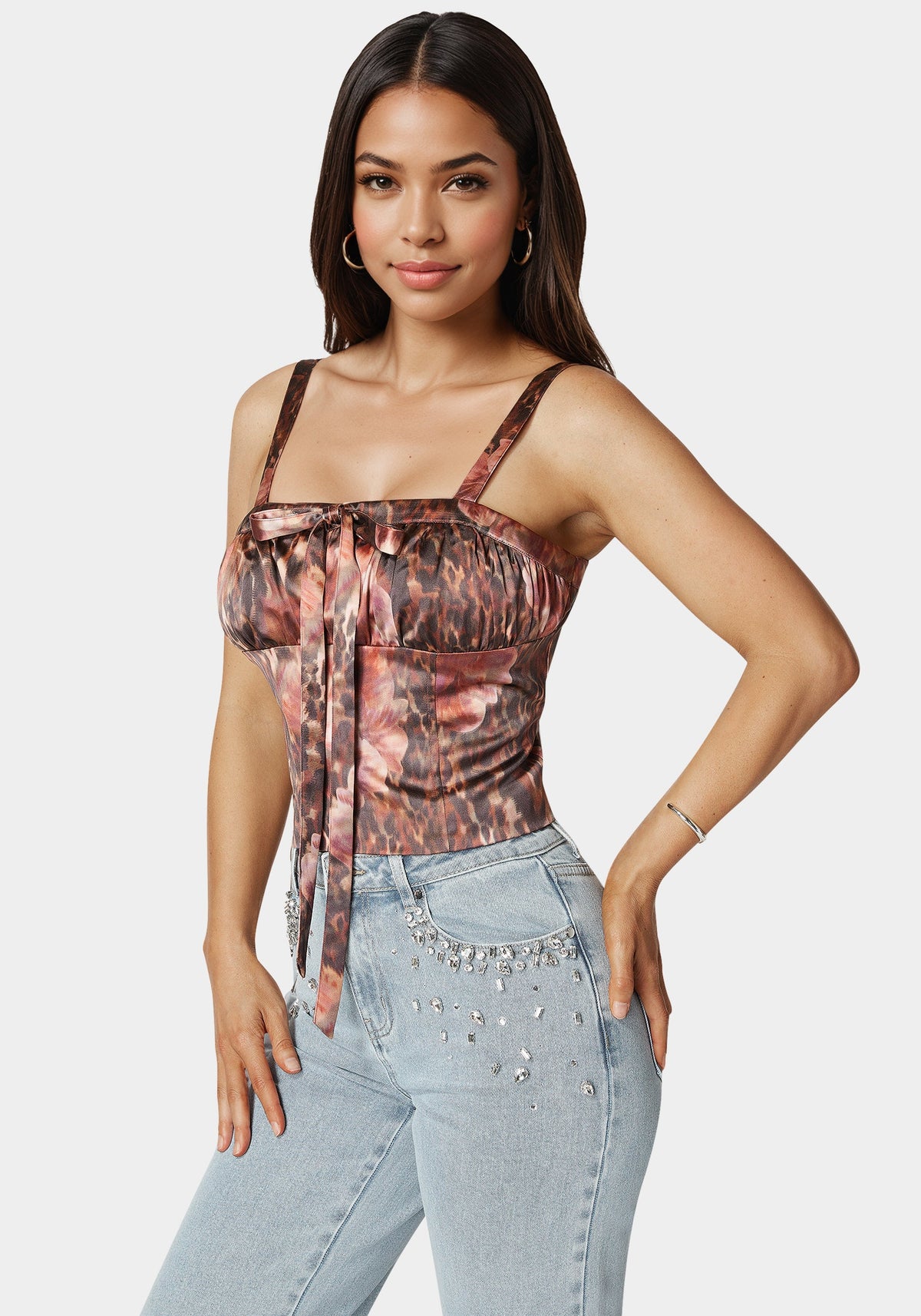 Tie Front Ruched Bust Satin Corset Blooming Cheetah Print - bebe Blooming Cheetah Print - bebe
