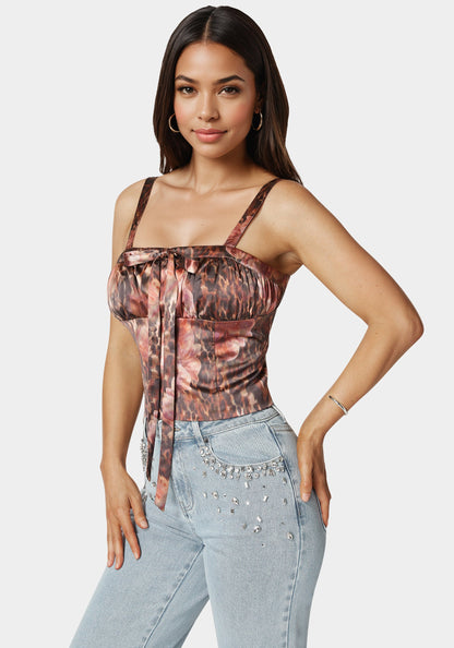 Tie Front Ruched Bust Satin Corset Blooming Cheetah Print - bebe Blooming Cheetah Print - bebe