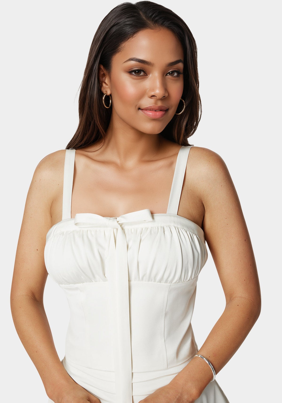 Tie Front Ruched Bust Satin Corset Pristine - bebe Pristine - bebe