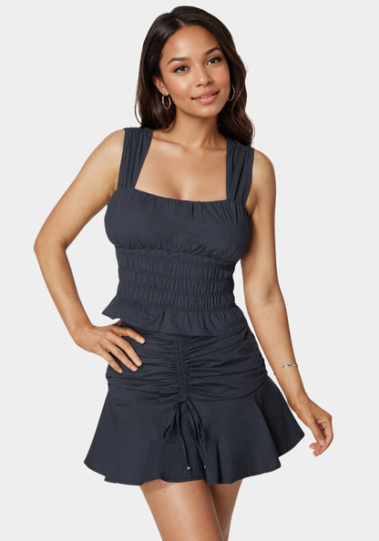 Ruched Ruffle Top Navy Iris - bebe