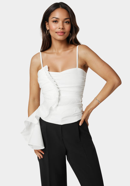 Poplin Asymmetric Ruffle Top White Alyssum - bebe