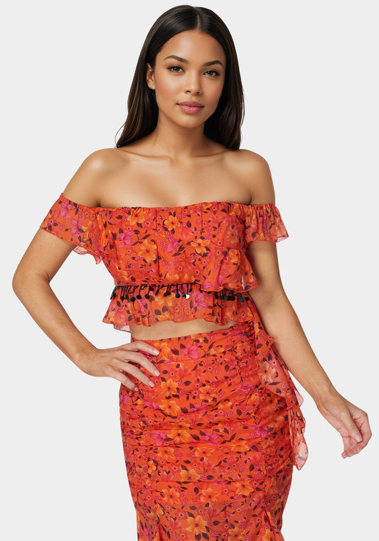 Ruffle Fringe Top Vibrant Desert Flowers - bebe