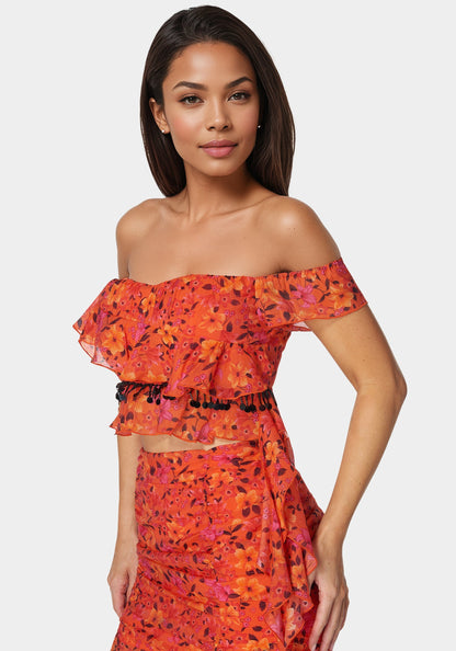 Ruffle Fringe Top Vibrant Desert Flowers - bebe