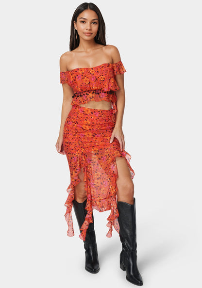 Ruffle Fringe Top Vibrant Desert Flowers - bebe