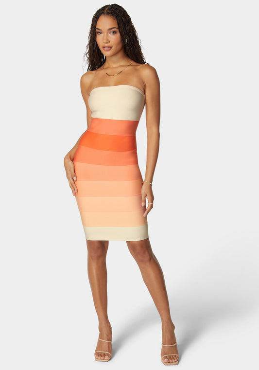 Strapless Colorblock Bandage Midi Peach Multi - bebe Peachmul - bebe
