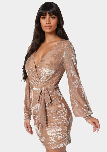 Surplice Burnout Mini Dress Nude - bebe