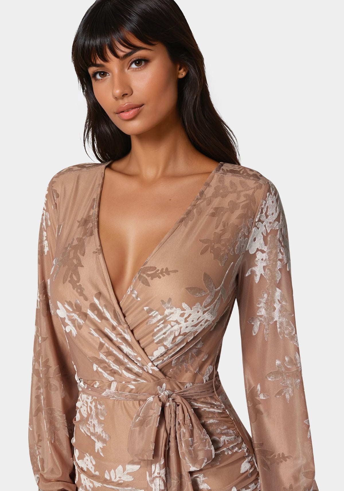 Surplice Burnout Mini Dress Nude - bebe