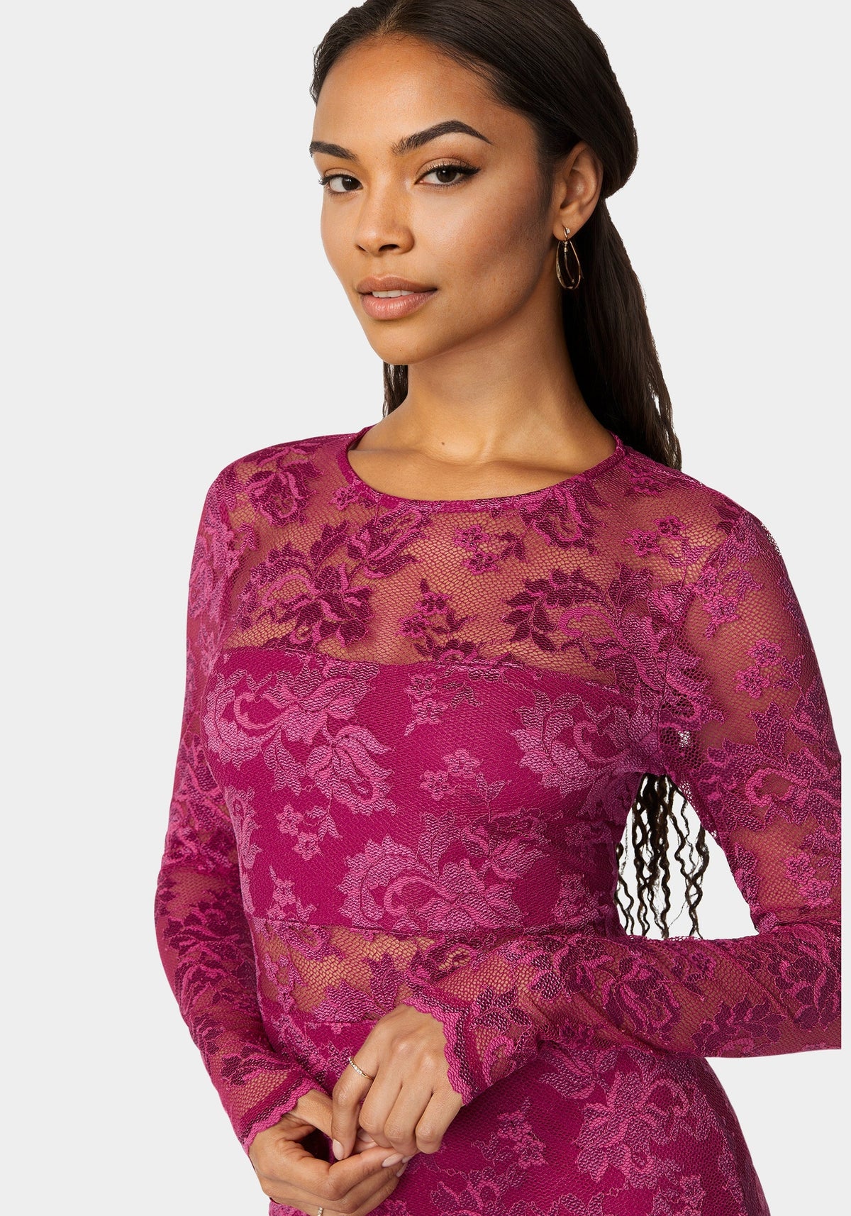 Marseille Lace Long Sleeve Illusion Dress Fuchsia - bebe