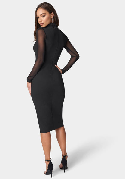 Mesh Inset Long Sleeve Midi Dress Black - bebe Black - bebe
