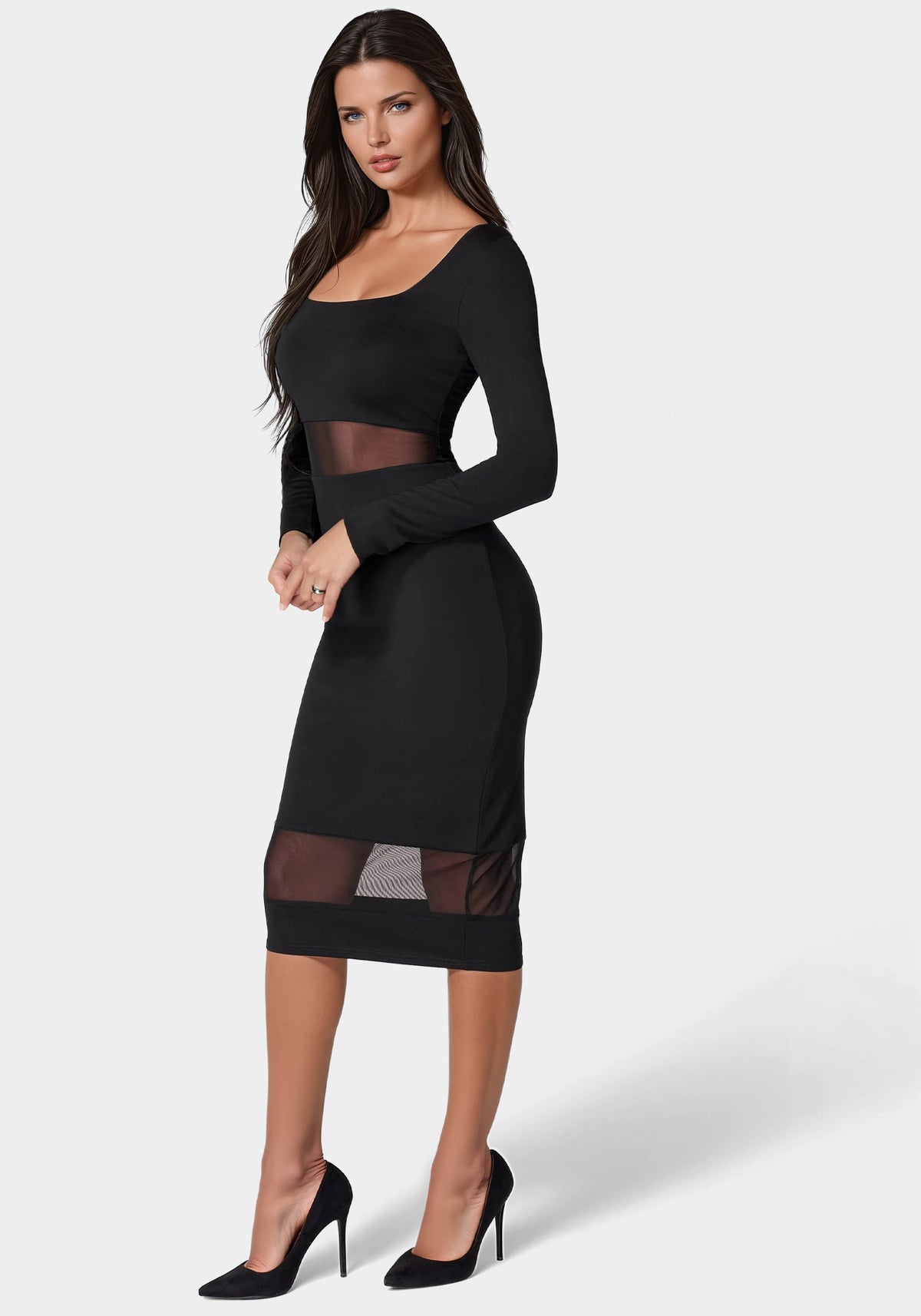 Square Neck Mesh Inset Dress Jet Black - bebe Jet Black - bebe