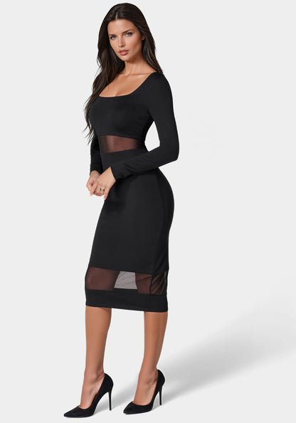 Square Neck Mesh Inset Dress Jet Black - bebe Jet Black - bebe