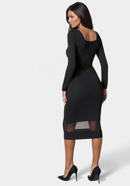 Square Neck Mesh Inset Dress Jet Black - bebe Jet Black - bebe