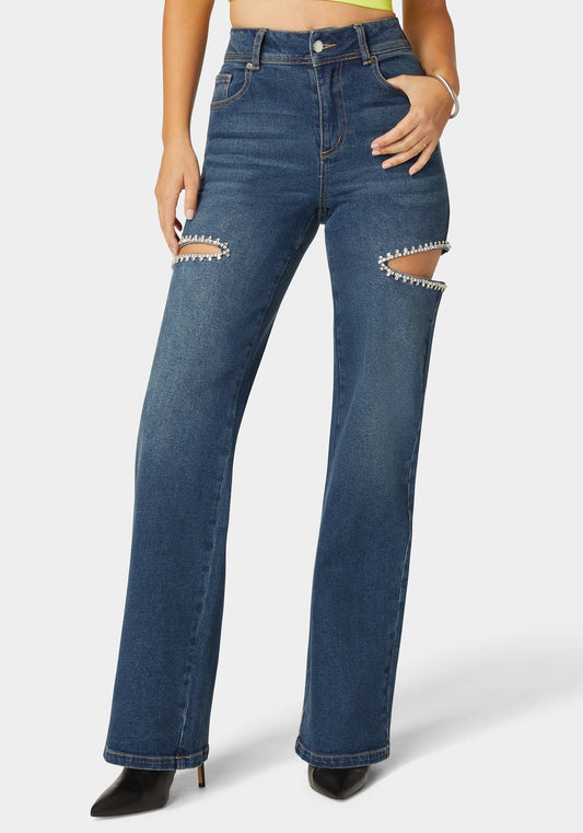 High Waist Studded Cut Out Wide Leg Jean Dark Indigo Wash - bebe