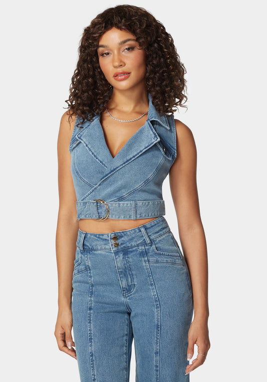 D Ring Belt Denim Wrap Top Medium Blue Wash - bebe