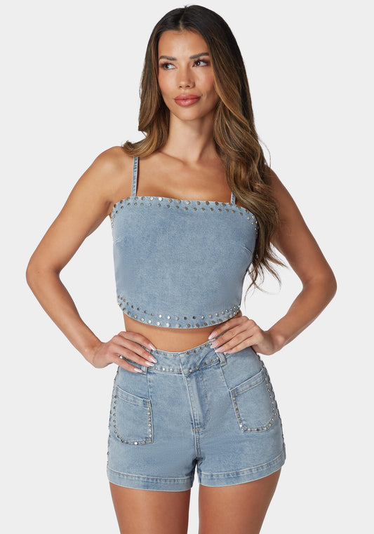 Twist Back Studded Denim Top Light Blue Wash - bebe