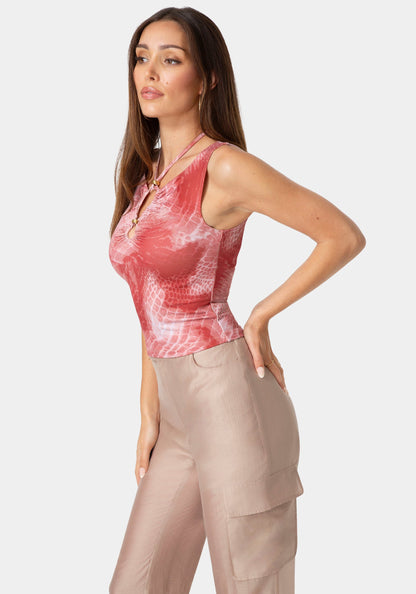 Neck Tie Fitted Top Solara Snake Pt - bebe