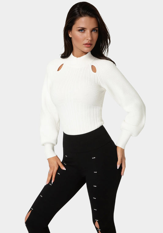 Long Sleeve Ribbed-Knit Top White Alyssum - bebe