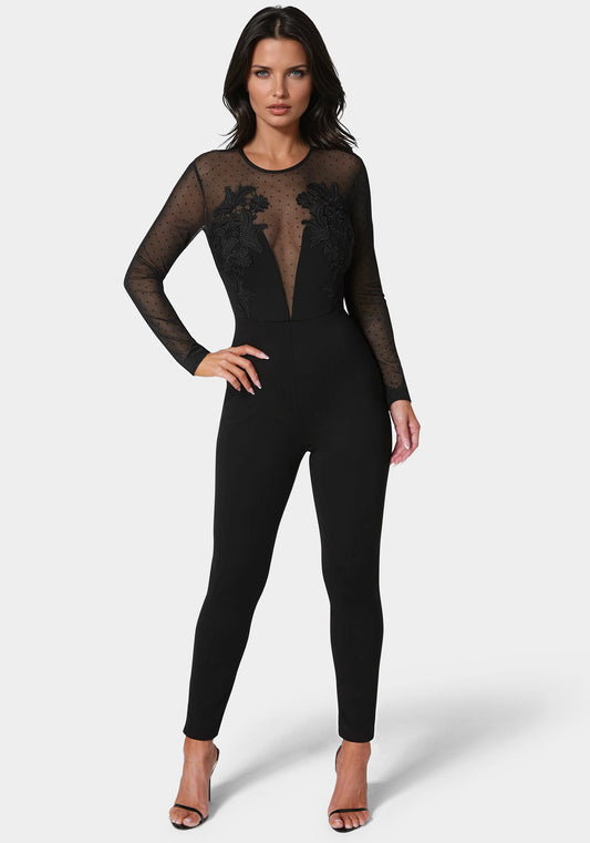 Lace Applique Catsuit Black - bebe