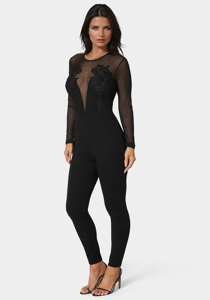 Lace Applique Catsuit Black - bebe
