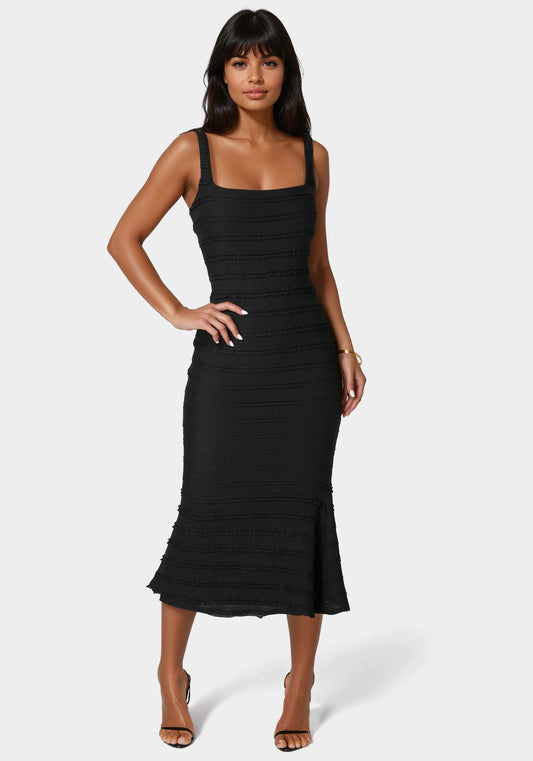 Square Neck Fluted Hem Midi Dress  - bebe