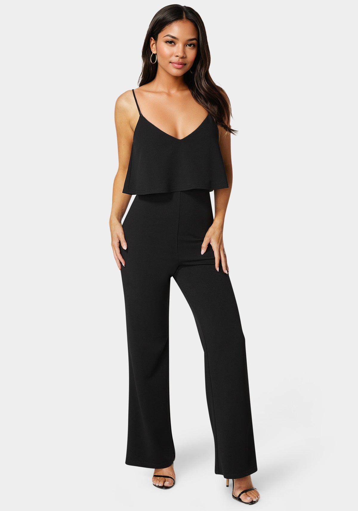 Ruffle Wide Leg Jumpsuit Black - bebe Black - bebe