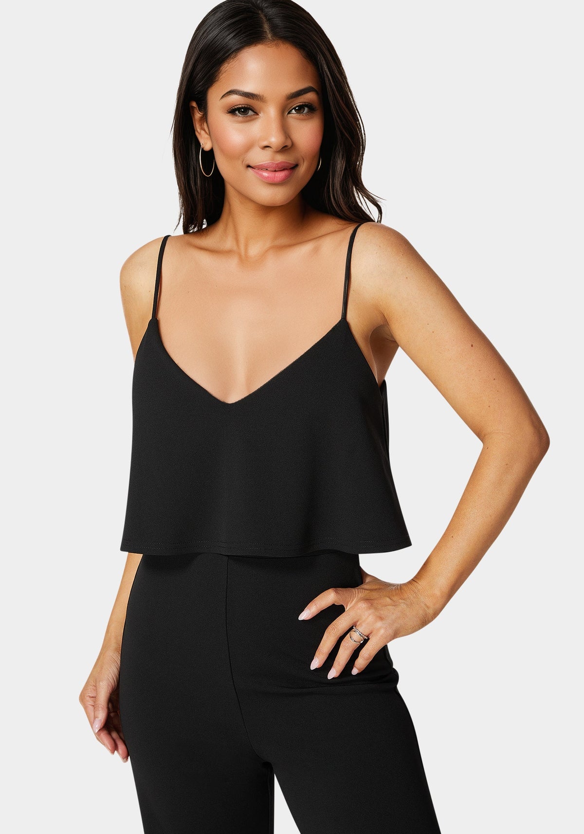 Ruffle Wide Leg Jumpsuit Black - bebe Black - bebe