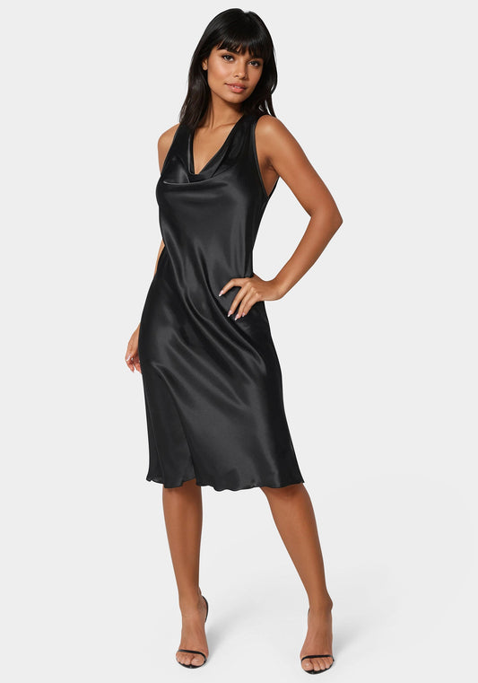 Drape Front Sleeveless Satin Midi Dress Black - bebe