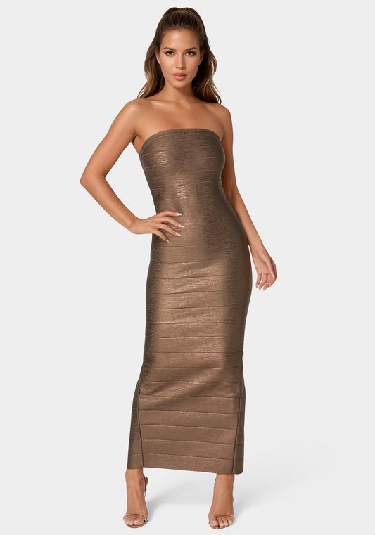 Bandage Strapless Foil Maxi Dress Mocha - bebe Mocha - bebe