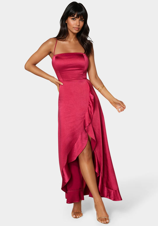 Satin Ruffle Lace Up Back Maxi Dress Magenta - bebe