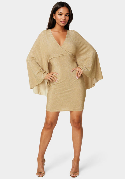 Plunge Neck Drama Cape Dress Gold - bebe