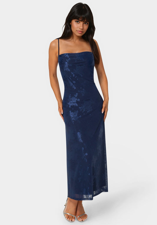 Jacquard Mesh Cowl A-Line Maxi Dress Navy - bebe